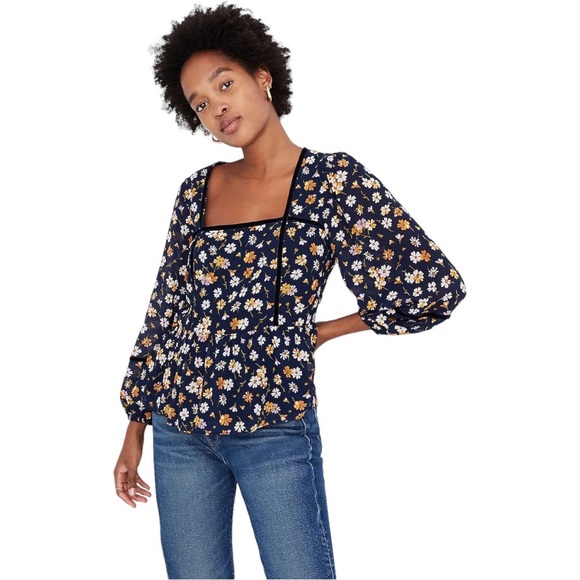 Madewell Velvet Trimmed Square Neck Top In Petal Party - Picture 1 of 9